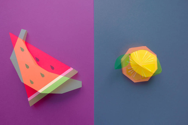 Fruit made of paper. Colorful background. Tropics. Flat lay. - Photo, image