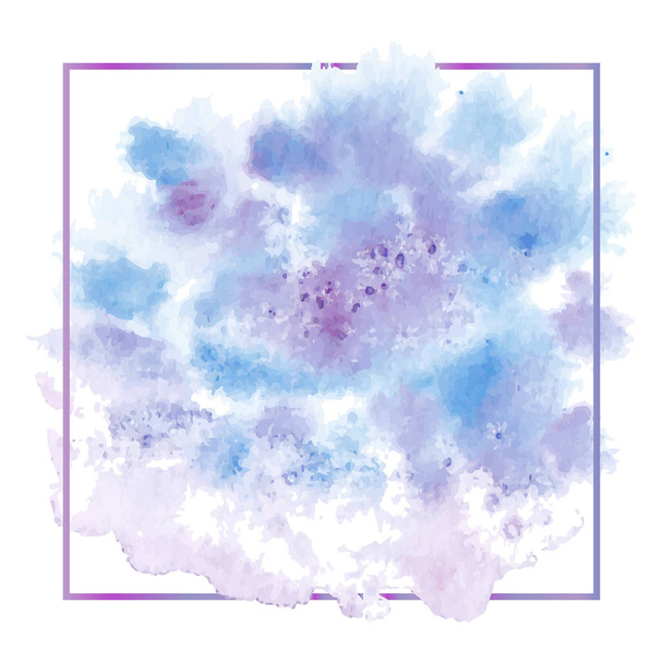 Vektor handgemalte abstrakte Aquarellmalerei - blau lila violett gefärbt Fleck isoliert auf weißem Hintergrund mit dünnem Verlauf quadratischen Rahmen - Vektor, Bild
