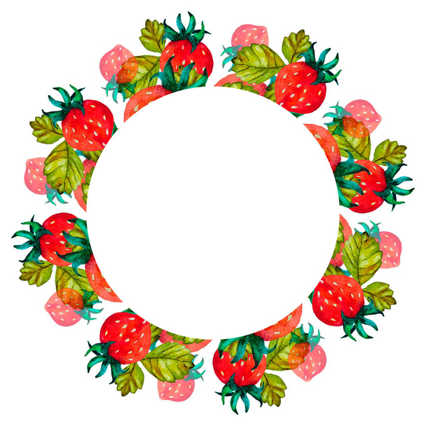 Watercolor strawberries with green leaves pattern on white paper - Fotó, kép