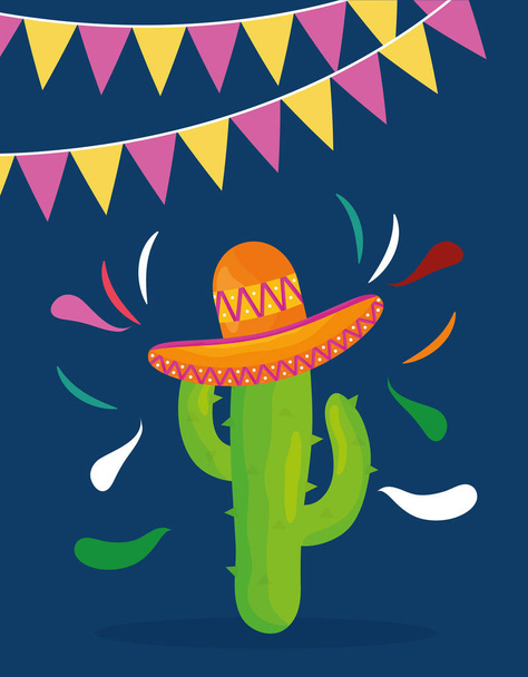 γιορτή Σίνκο de Mayo με κάκτους και καπέλο Μεξικού - Διάνυσμα, εικόνα
