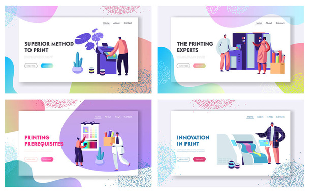 Printing House Advertising Agency Website Landing Page Templates Set, Polygraphy Industry, Typography. Customers, Designers Produce Press Ad Material Web Page. Cartoon Flat Vector Illustration, Banner - Vector, Image