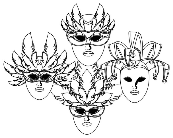 set of masks and feathers black and white - Vector, Image