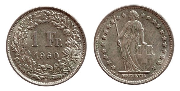 Швейцарская монета 1 франк 1968 серебро на белом фоне
 - Фото, изображение