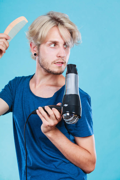 Trendy man with hair dryer - Fotoğraf, Görsel