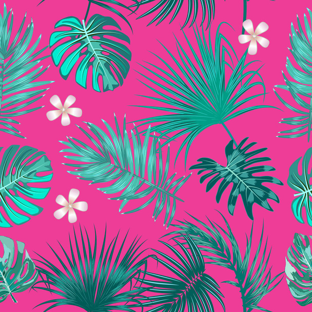 Tropikalny wektor bezszwowy wzór, zielone gałęzie na różowym backgro - Wektor, obraz