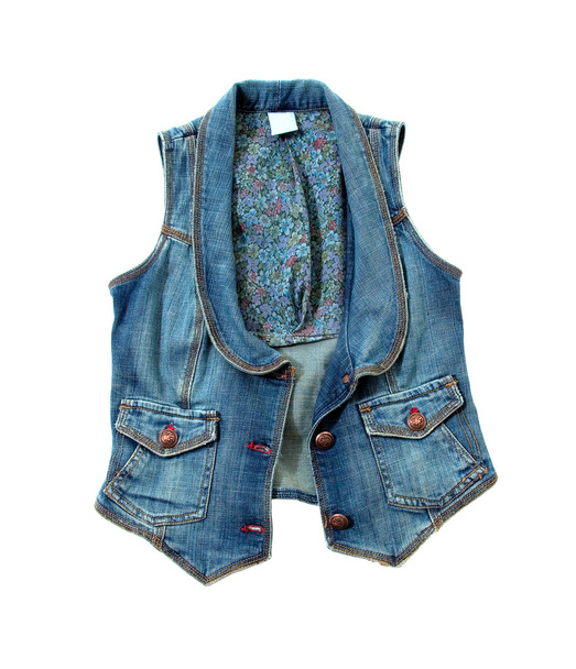 Blue denim vest with flowers lining and bronze ornated buttons - Photo, Image
