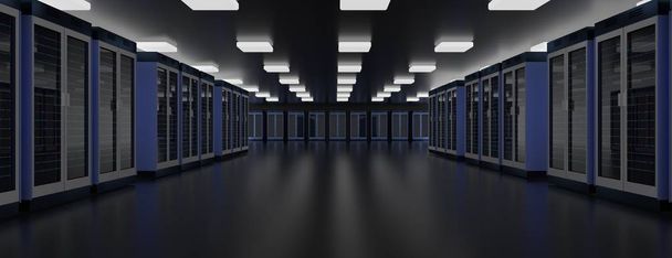Server room data center. Datacenter hardware cluster. Backup, hosting, mainframe, farm and computer rack with storage information.  - Photo, Image