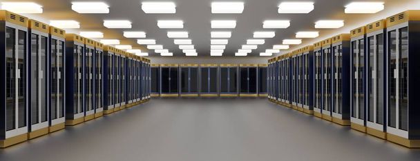 Server room datacenter. Datacenter-hardwarecluster. Back-up, hosting, mainframe, Farm en computerrek met opslaginformatie.  - Foto, afbeelding