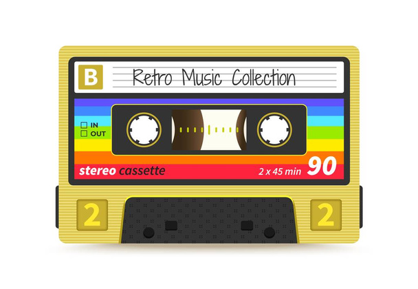 Retro kasety. Rocznika 1980 mix Tape, Technologia nagrywania dźwięku stereo, Old School DJ rave party. Projektowanie etykiet taśmowych wektorowych - Wektor, obraz