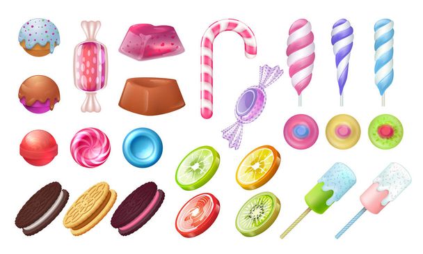 Lollipops and candies. Chocolate and toffee round sweets, caramel bonbon marshmallow and gummy. Vector jellies candies realistic set - Vector, Image