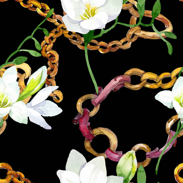 White freesia floral botanical flowers. Watercolor background illustration set. Seamless background pattern. - Photo, Image