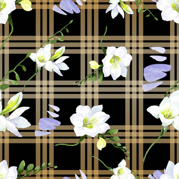 Biała freesia kwiatowe kwiaty botaniczne. Zestaw ilustracji tła akwareli. Płynny wzór tła. - Zdjęcie, obraz