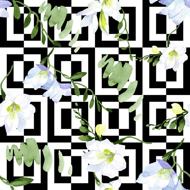 White freesia floral botanical flowers. Watercolor background illustration set. Seamless background pattern. - Photo, image