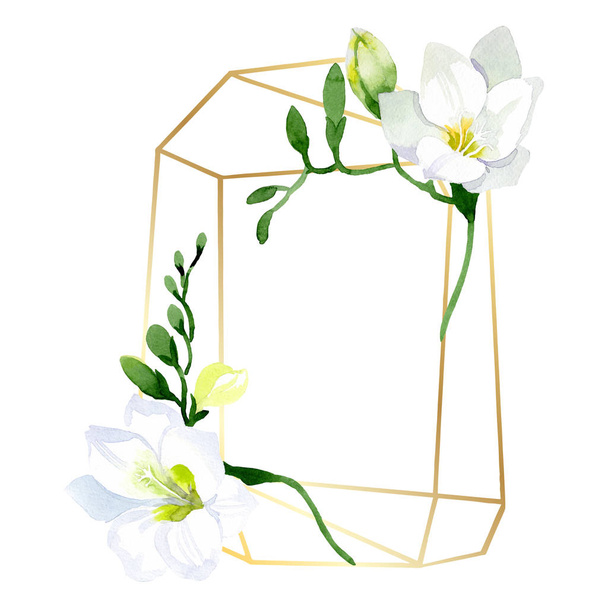 Bílé frézie květinové botanické květiny. Ilustrace pozadí akvarelu. Ozdobný rámeček rámečku. - Fotografie, Obrázek