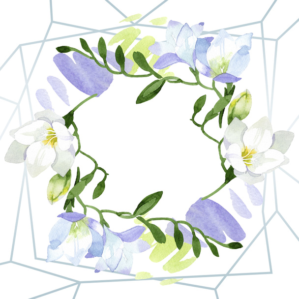 Bílé frézie květinové botanické květiny. Ilustrace pozadí akvarelu. Ozdobný rámeček rámečku. - Fotografie, Obrázek