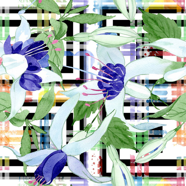 Modrý fuchsiová květinové botanické květy. Vodný obrázek pozadí-barevný. Bezespání vzorek pozadí. - Fotografie, Obrázek