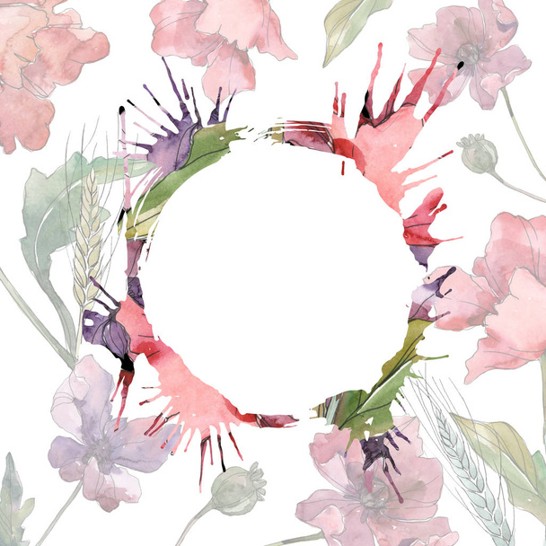 Rote und lila Mohn Blumen botanische Blumen. Aquarell-Hintergrund-Illustration-Set. Rahmen Rahmen Ornament Quadrat. - Foto, Bild