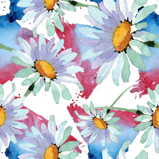 大きな白カモミール花の植物の花。●水彩背景イラストセット。シームレスな背景パターン. - 写真・画像