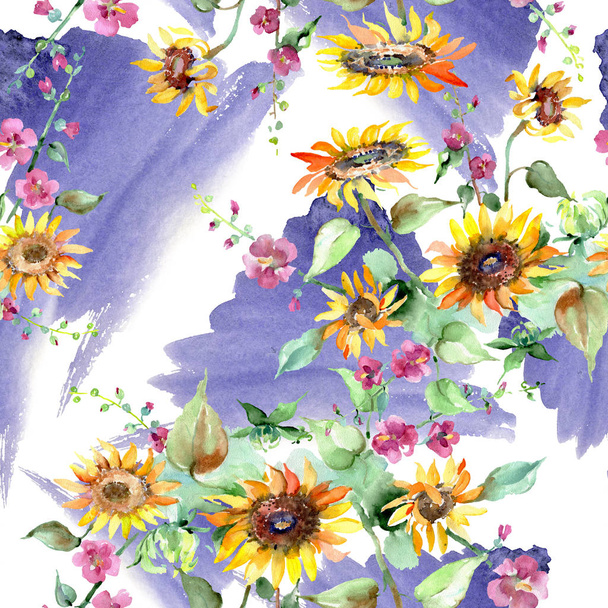 Zonnebloem boeket bloemen botanische bloemen. Aquarel achtergrond afbeelding instellen. Naadloze achtergrondpatroon. - Foto, afbeelding