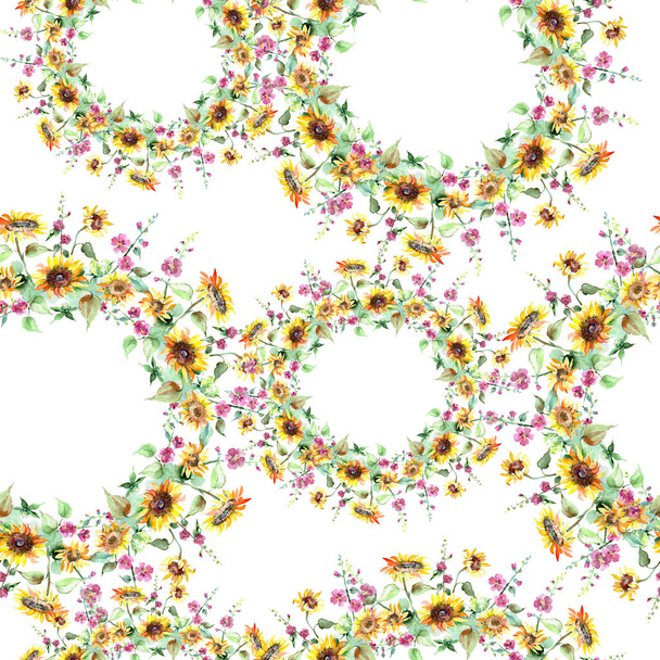 Zonnebloem boeket bloemen botanische bloemen. Aquarel achtergrond afbeelding instellen. Naadloze achtergrondpatroon. - Foto, afbeelding
