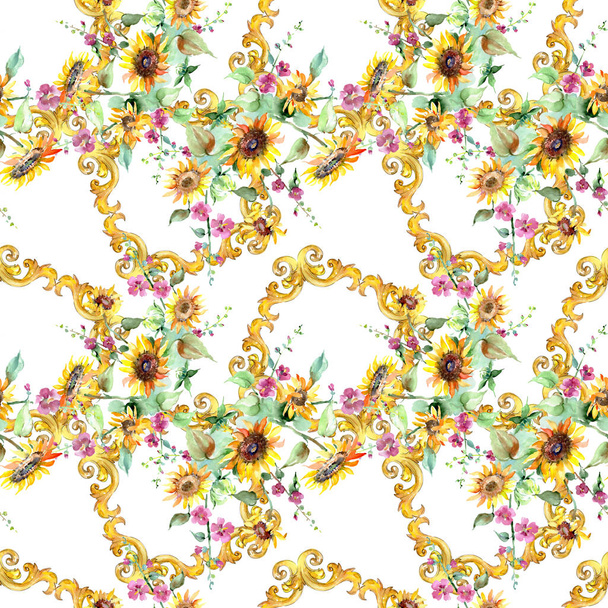 Sunflower bouquet floral botanical flowers. Watercolor background illustration set. Seamless background pattern. - Foto, Bild