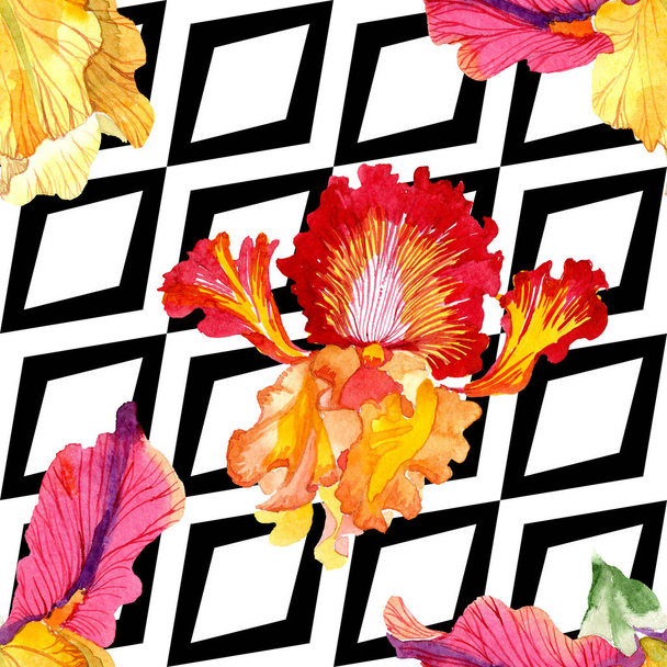 レッドボールドは、虹彩花の植物の花に遭遇します。●水彩背景イラストセット。シームレスな背景パターン. - 写真・画像