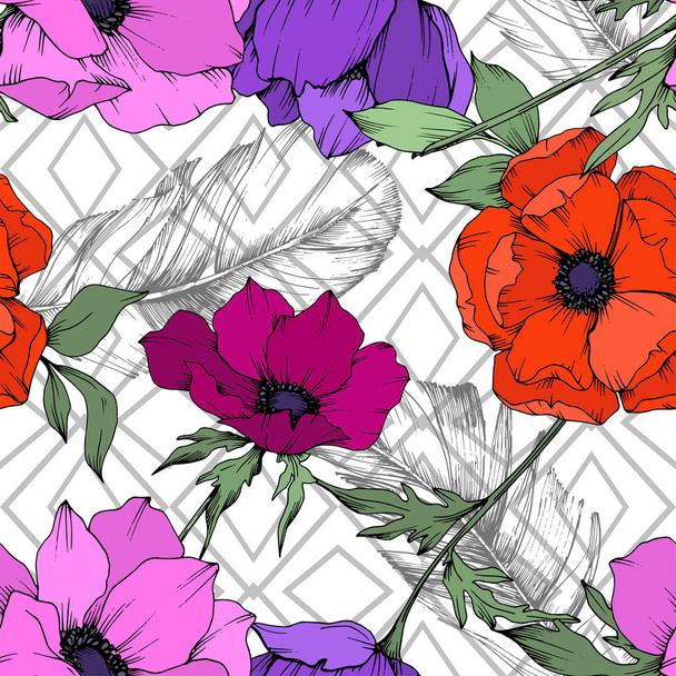 Anemone květinové botanické květy. Černé a bílé ryté inkoustem. Bezespání vzorek pozadí. - Vektor, obrázek