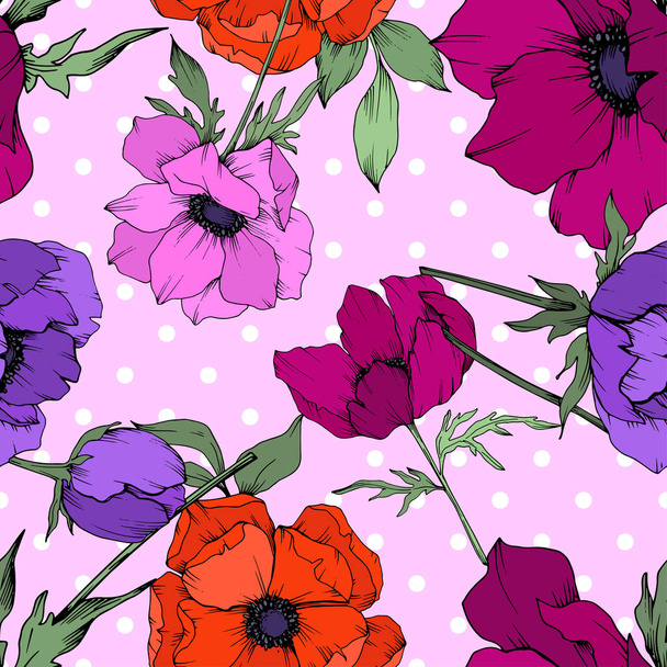 Anemone Floral botanische bloemen. Zwart-wit gegraveerd Ink Art. Naadloos achtergrond patroon. - Vector, afbeelding