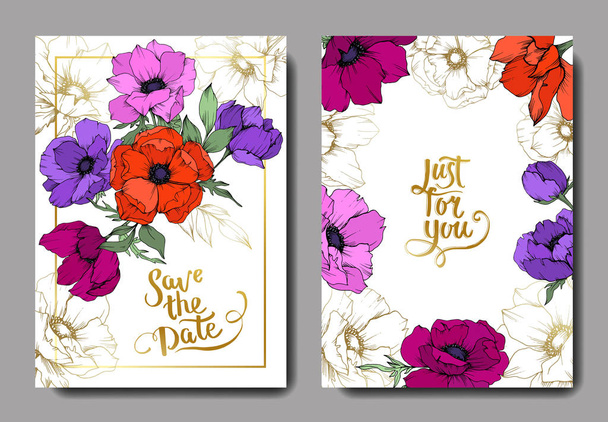 Flores botânicas florais de anêmona. Tinta gravada a preto e branco. Casamento cartão de fundo floral borda decorativa
. - Vetor, Imagem