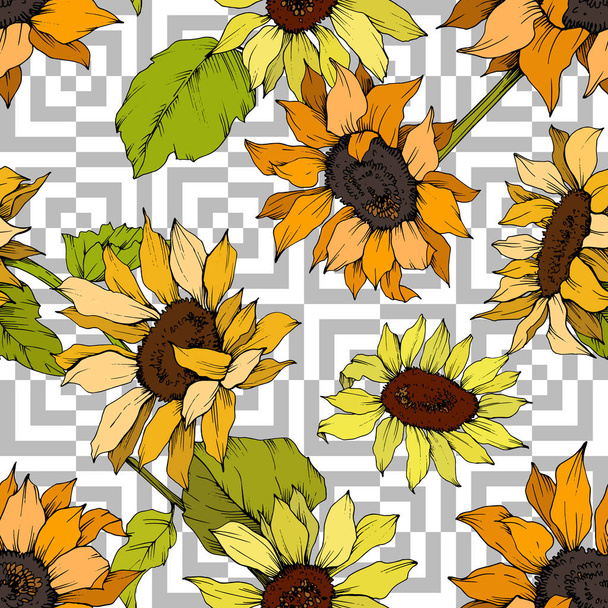 Vector Sunflower floral botanical flower. Yellow and green engraved ink art. Seamless background pattern. - Vecteur, image