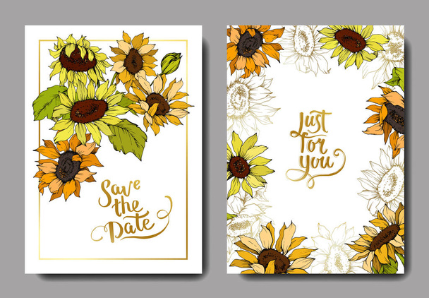 Vetor Girassol flores botânicas. Arte de tinta gravada amarela e verde. Casamento cartão de fundo floral borda decorativa
. - Vetor, Imagem