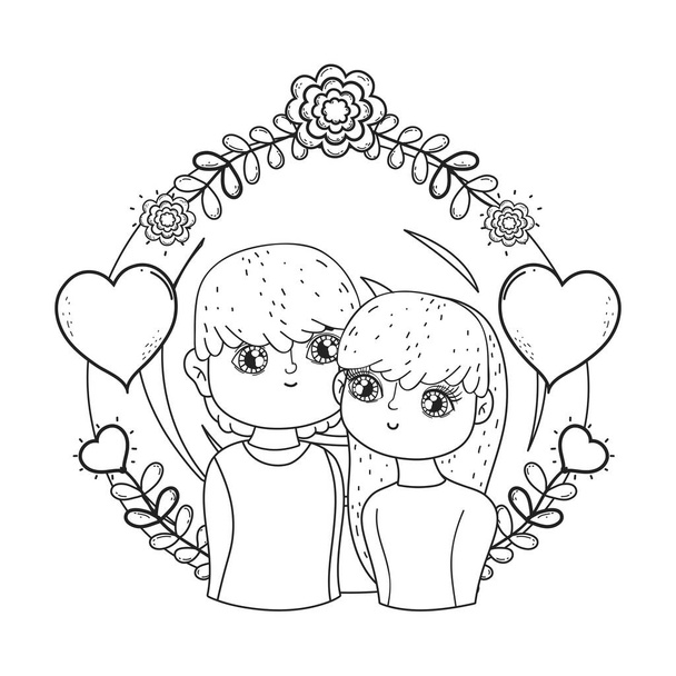 jovem casal amantes com decoração floral
 - Vetor, Imagem