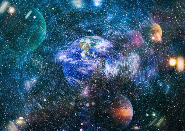 Ziemia, Galaktyka i słońce. planety, gwiazdy i galaktyki w kosmosie ukazujące piękno eksploracji kosmosu. Elementy tego obrazu dostarczone przez NASA - Zdjęcie, obraz