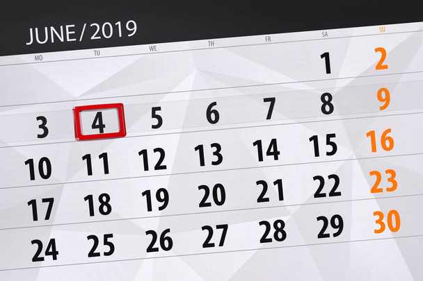 Terminarz kalendarza na miesiąc czerwiec 2019, dzień ostateczny, 4, wtorek - Zdjęcie, obraz