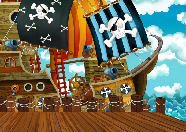 cartoon scene with pirate sailing ship docking - illustration for children - Foto, Bild