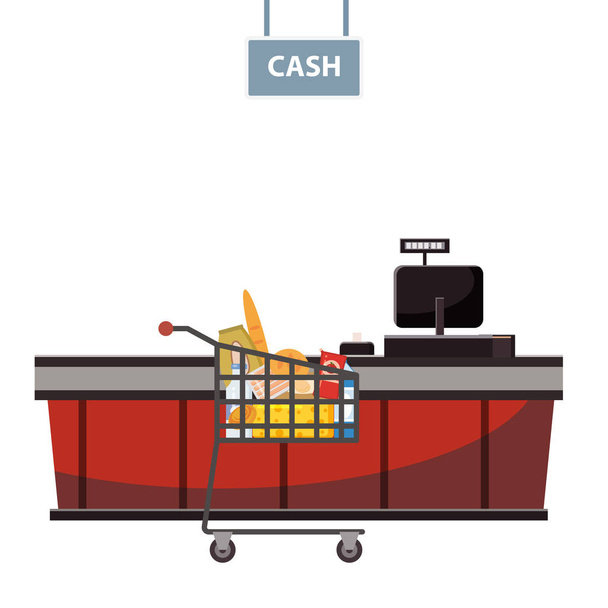 Cashier counter in the supermarket, shop, store with grocery cart full of groceries. Vector, illustration, cartoon style, isolated - Vector, Image