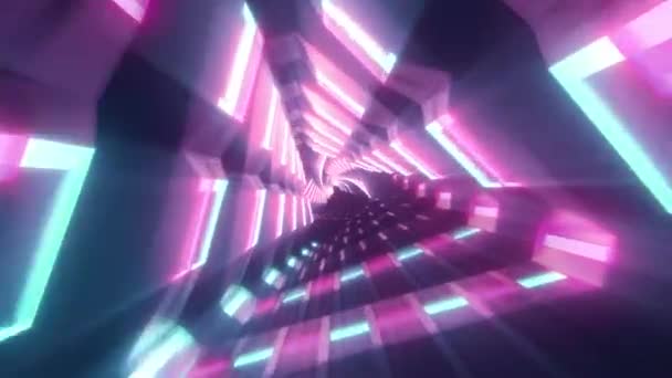 Flying keresztül metál izzó forgó neon háromszögek létrehozása alagút, kék vörös rózsaszín lila spektrum, fluoreszkáló ultraibolya fény, modern színes világítás, 4k zökkenőmentes hurok animáció - Felvétel, videó
