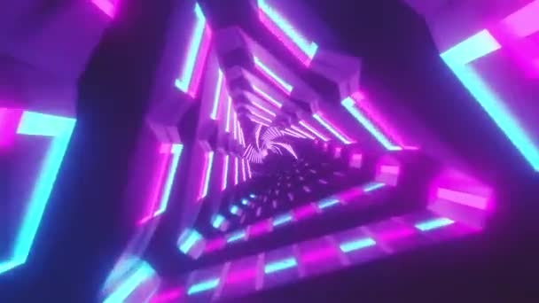 Flying keresztül metál izzó forgó neon háromszögek létrehozása alagút, kék vörös rózsaszín lila spektrum, fluoreszkáló ultraibolya fény, modern színes világítás, 4k zökkenőmentes hurok animáció - Felvétel, videó