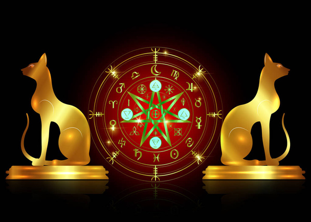 Μαγικό σύμβολο προστασίας. Ένα σετ από ρουνικά Μάγια και χρυσές γάτες, μυστικιστική Γουίκα. Παλαιά αρχαία απόκρυφα σύμβολα, Λαζωδιακός τροχός της χρονιάς Γουίκα αστρολογικά σήματα, απομονωμένο διάνυσμα - Διάνυσμα, εικόνα