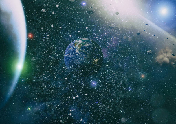 宇宙の地球と銀河。SFアート。NASAによって提供されたこの画像の要素. - 写真・画像