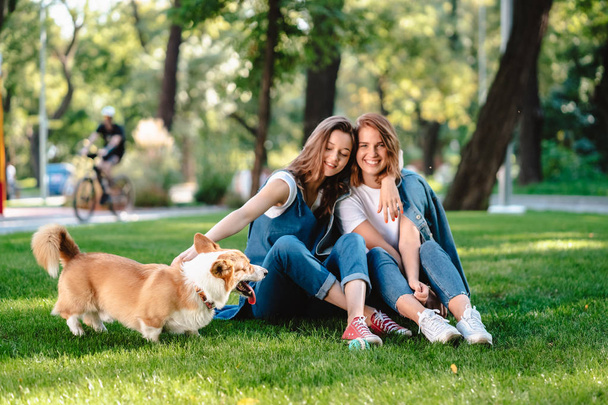 Zwei Freundinnen im Park spielen mit kleinem Hund - Foto, Bild