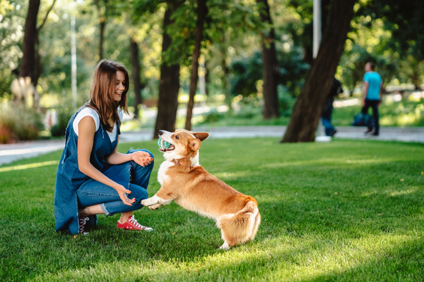Portrait of woman with dog Welsh Corgi Pembroke in dog park - Photo, Image