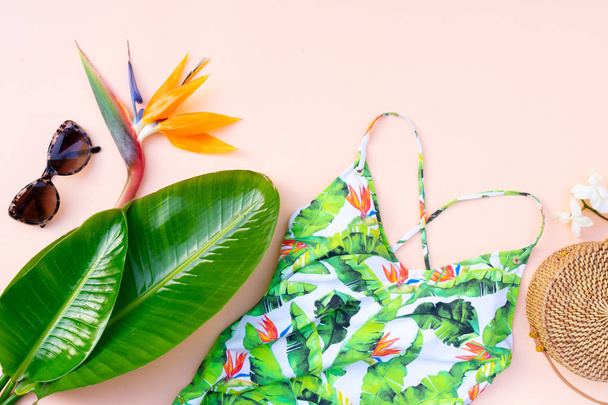 Summer flat lay scenery with swimsuit - Foto, Imagen