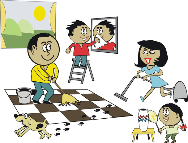 ベクトル漫画幸せアフリカ クリーニング ファミリーハウスの床を拭き、掃除機を使用して - ベクター画像