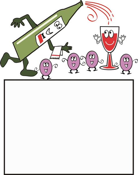 cartoon van geanimeerde fles rode wijn in het glas gieten - Vector, afbeelding
