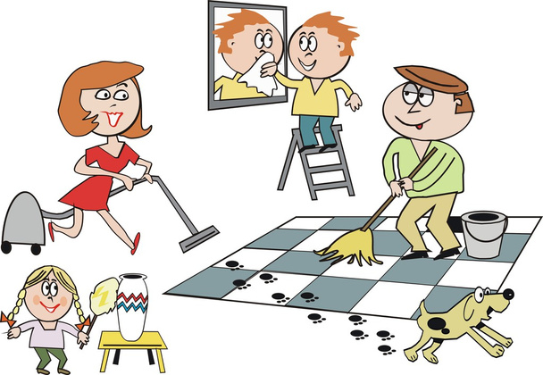 Desenhos animados de casa de limpeza da família sorrindo junto com o cão de estimação
 - Vetor, Imagem