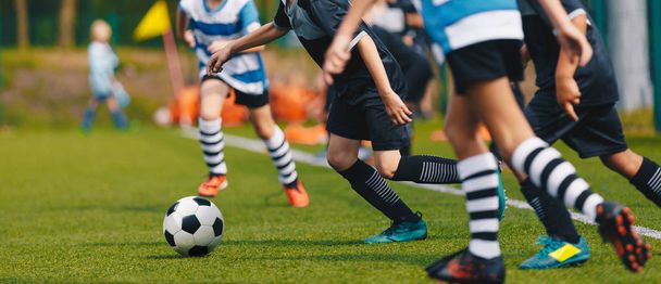 Genç futbolcular çim sahada koşuyor ve topa vuruyor. Çocuklar Futbol Turnuvası Maçı - Fotoğraf, Görsel