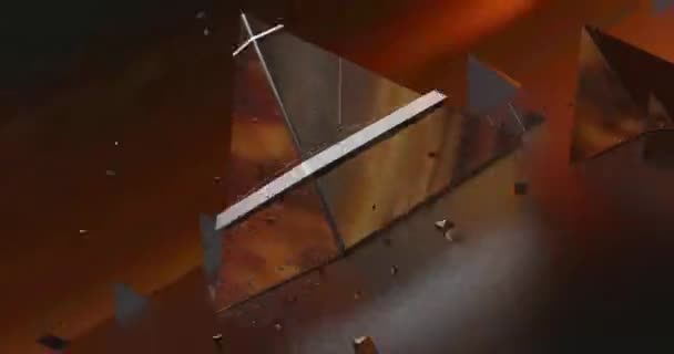 Een animatie over een kristal bruine piramide die draait en explodeert. - Video