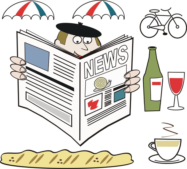 Rajzfilm találat francia ember olvasó újság, a bor és a háttérben kerékpár - Vektor, kép