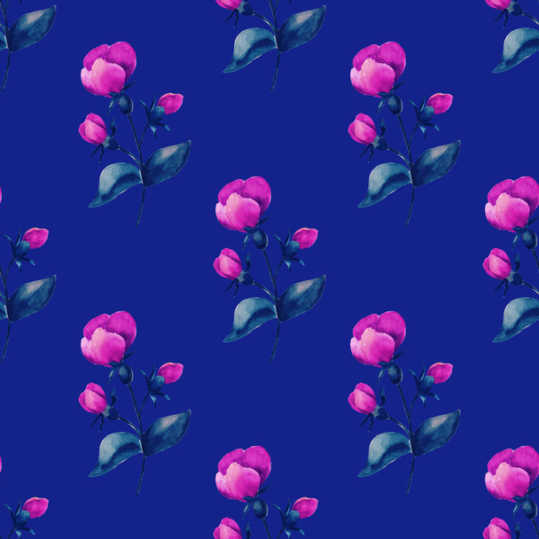 Υδατογραφία χωρίς ραφές, ντελικάτα άνθη, κίτρινα, μπλε και ροζ λουλούδια, πρότυπο ευχετήριας κάρτας. - Φωτογραφία, εικόνα